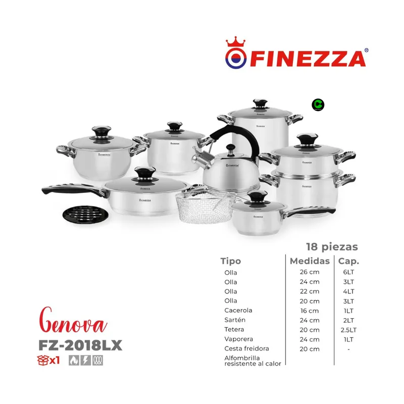 FINEZZA - Set de Ollas de 18 Piezas FINEZZA de Acero Inoxidable FZ-2018LX