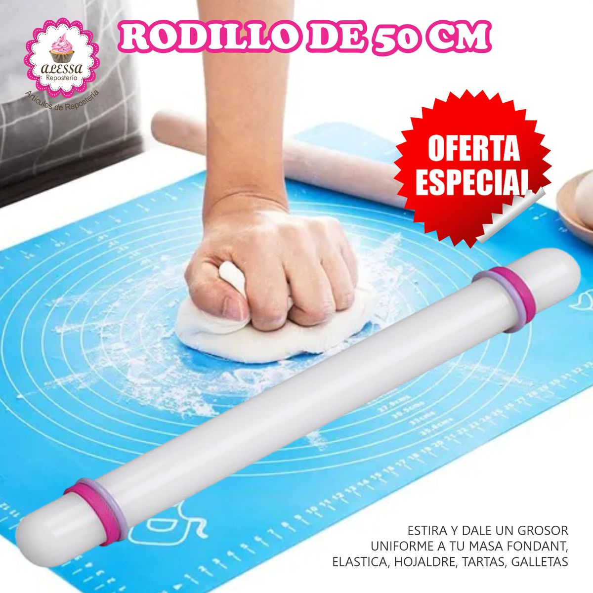 GENERICO - Rodillo de 50 cm. para Fondant Masas con 4 anillos para Repostería