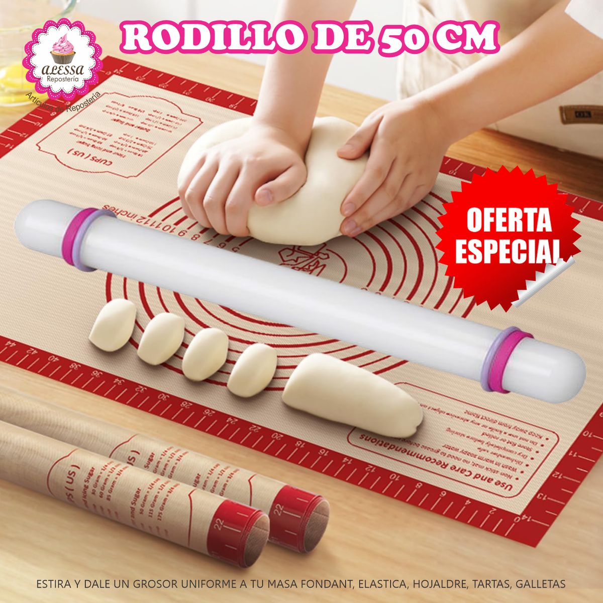 GENERICO - Rodillo de 50 cm. para Fondant Masas con 4 anillos para Repostería
