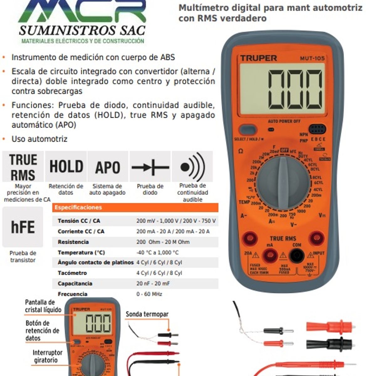 TRUPER - Multímetro digital para mant automotriz con RMS verdadero TRUPER