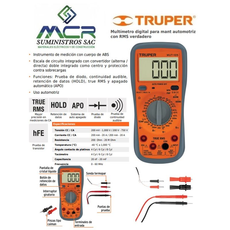 TRUPER - Multímetro digital para mant automotriz con RMS verdadero TRUPER