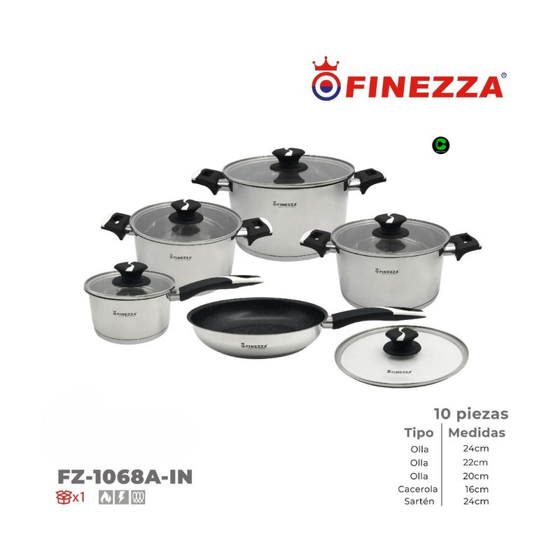 FINEZZA - Juego de Ollas de Acero inoxidable FINEZZA FZ-1068A-IN de 10 Piezas
