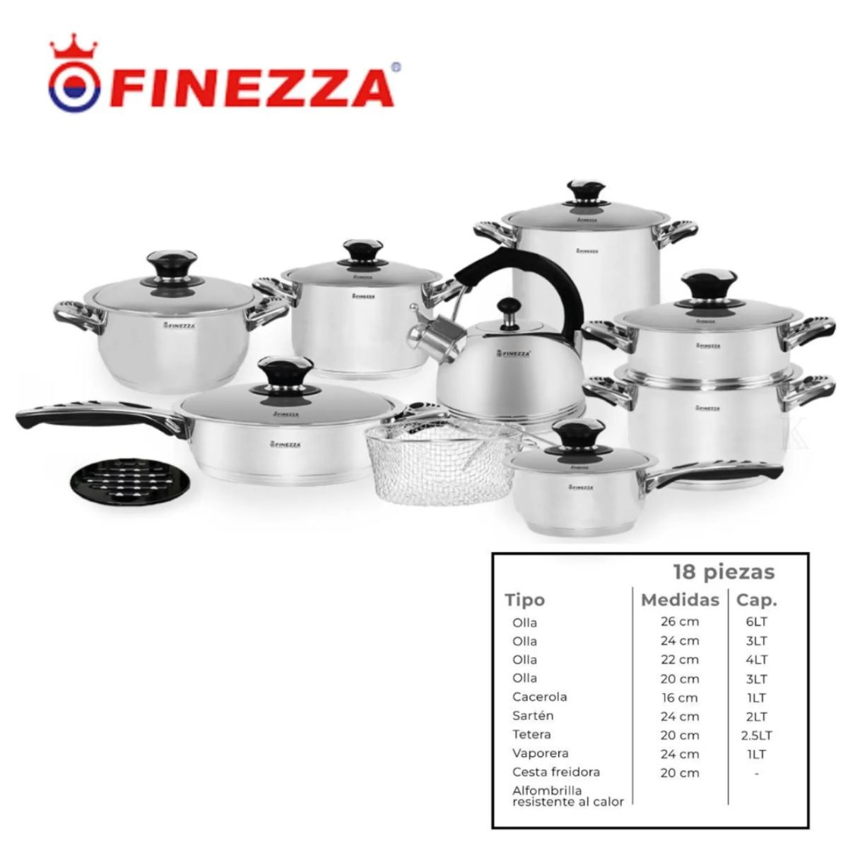 FINEZZA - JUEGO DE OLLAS EN ACERO INOXIDABLE 18 PIEZAS FINEZZA