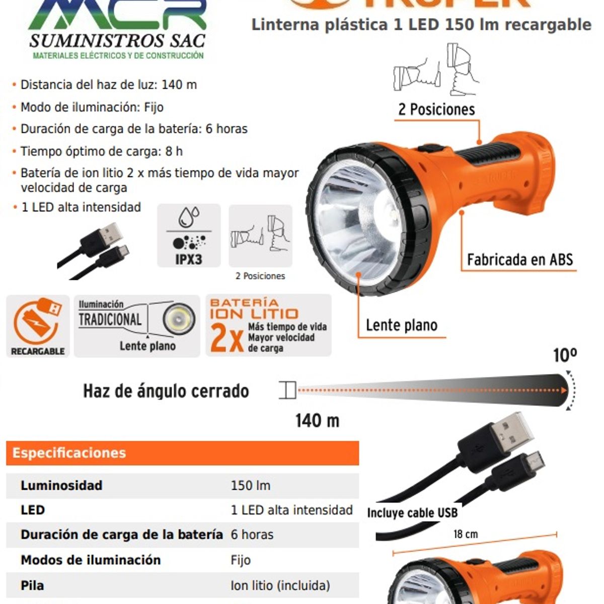 TRUPER - Linterna plástica de LED 300 lm, recargable, TRUPER