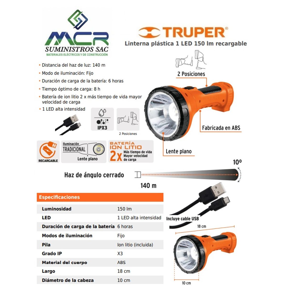 TRUPER - Linterna plástica de LED 300 lm, recargable, TRUPER