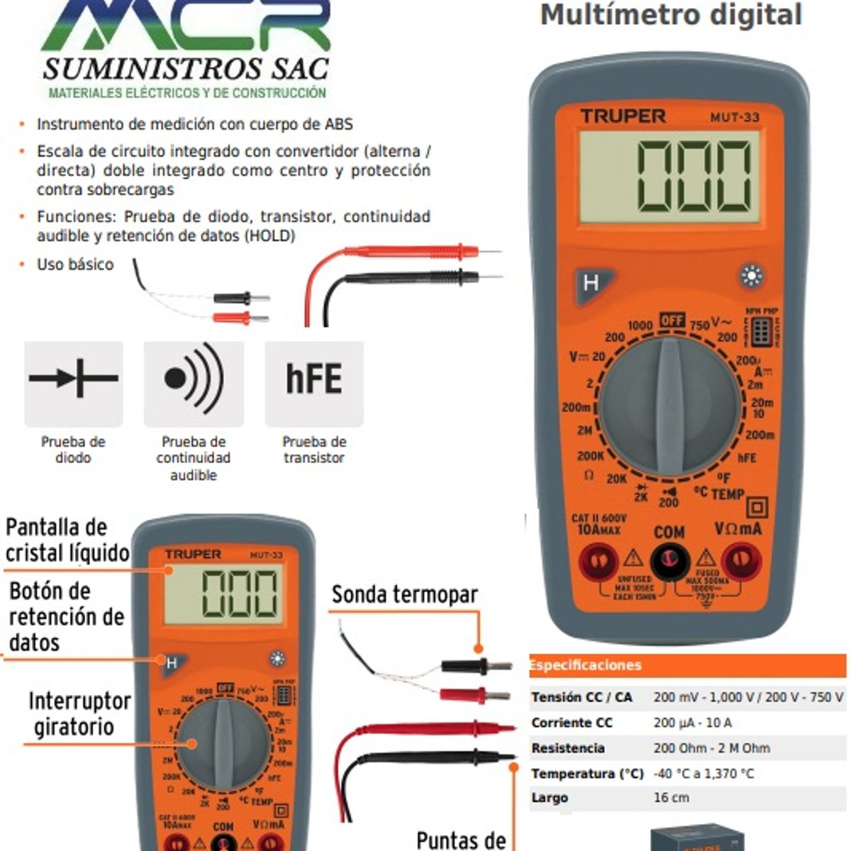 TRUPER - Multímetro digital con termopar termocupla TRUPER