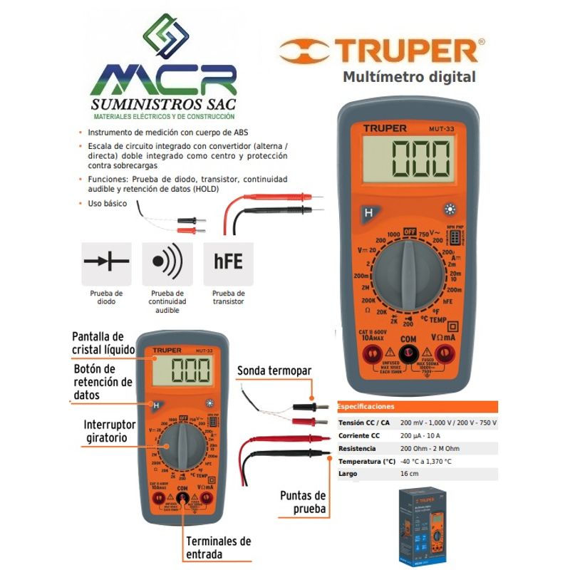 TRUPER - Multímetro digital con termopar termocupla TRUPER