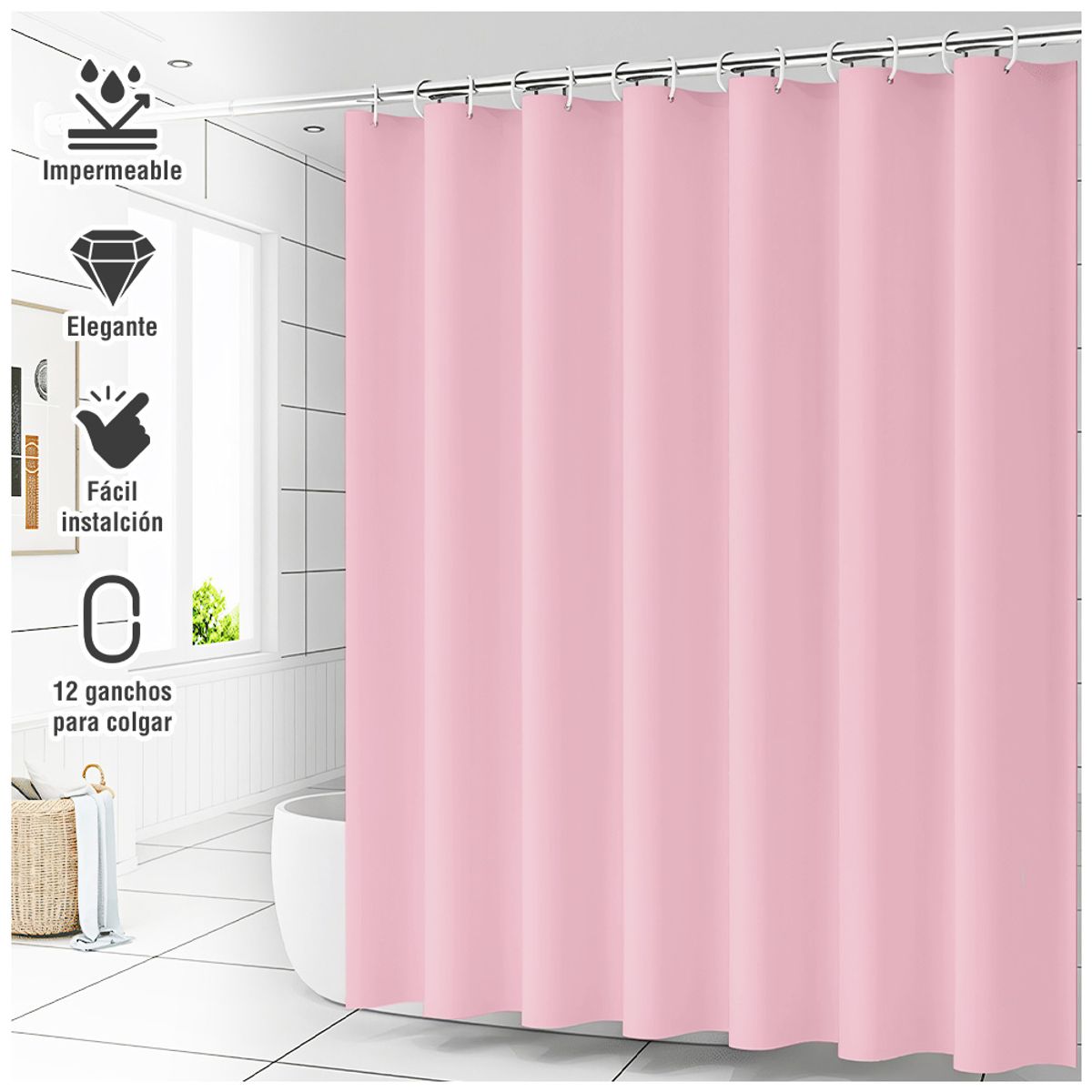 Cortina de Baño Impermeable Premium 180x180 Rosado U88, marca KELLER - Foto Principal