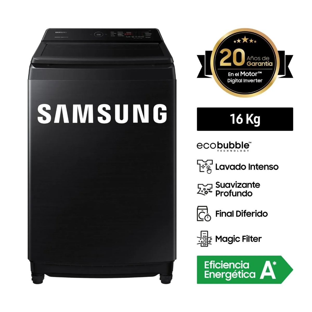 SAMSUNG - Lavadora Samsung 16KG WA16CG6441BV Negra Smart EcoBubble