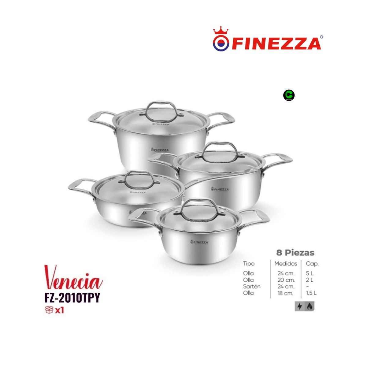 FINEZZA - Juego de Ollas de 8 Piezas Acero Inoxidable FZ-2010TPY