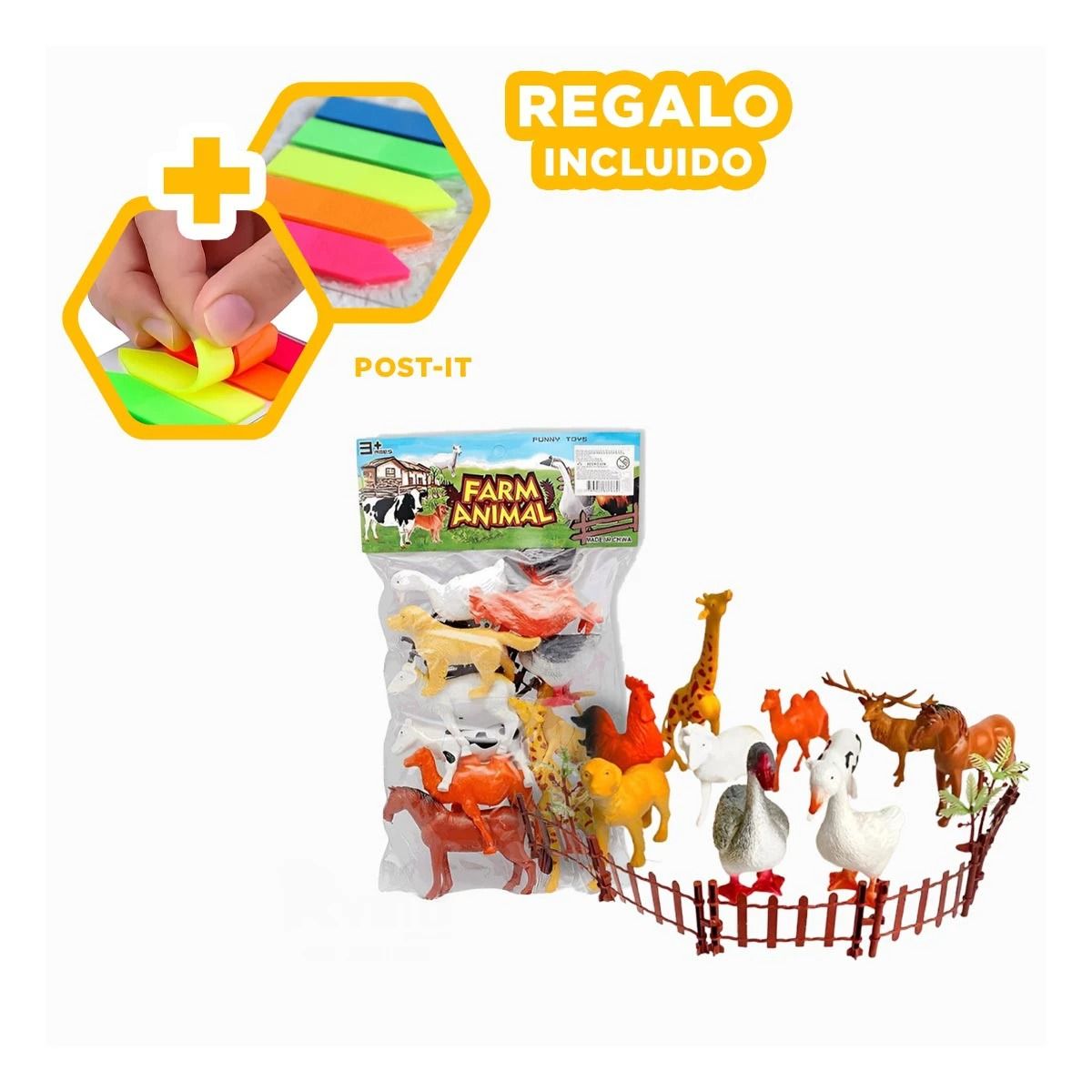 GENERICO - Set de 10 Animales de Granja para Niños Y+Post-it Adhesivos