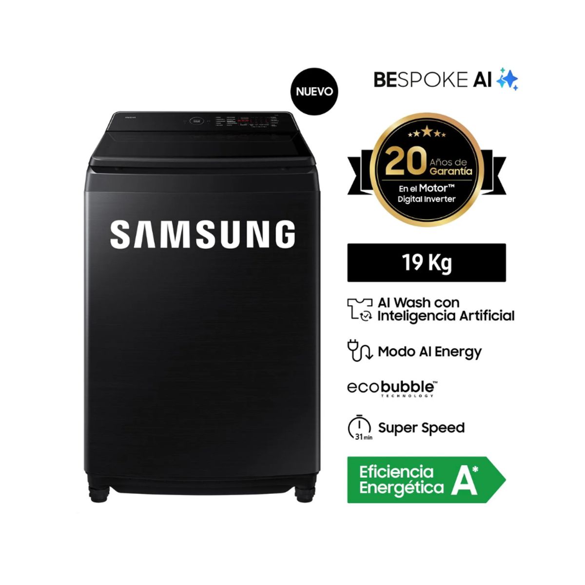 SAMSUNG - LAVADORA SAMSUNG 19KG WA80F19S8B AI WASH ECOBUBBLE™ NEGRA