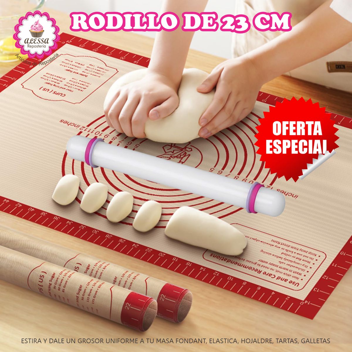 GENERICO - Rodillo de 23 cm. para Fondant Masas con 4 anillos para Repostería