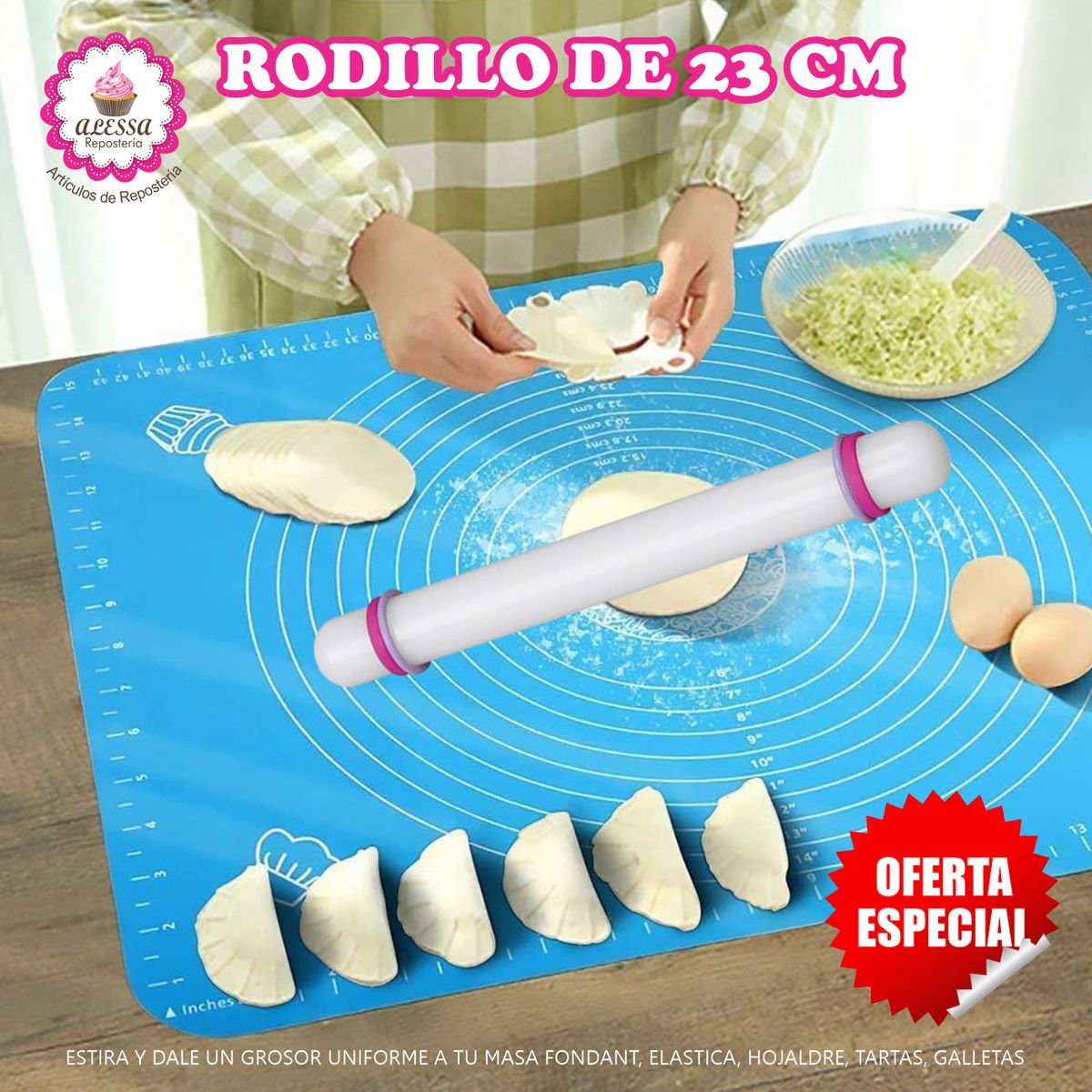 GENERICO - Rodillo de 23 cm. para Fondant Masas con 4 anillos para Repostería