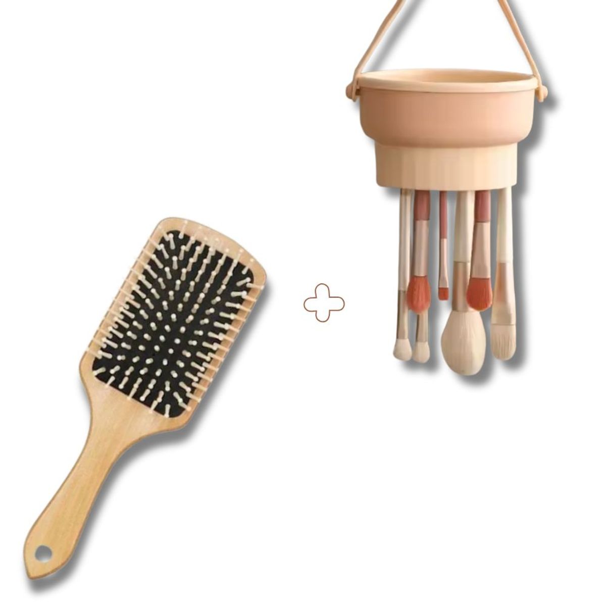 GENERICO - COMBO PEINE DE MADERA GRANDE ANTIFRIZZ CON LIMPIADOR DE BROCHAS BEIGE