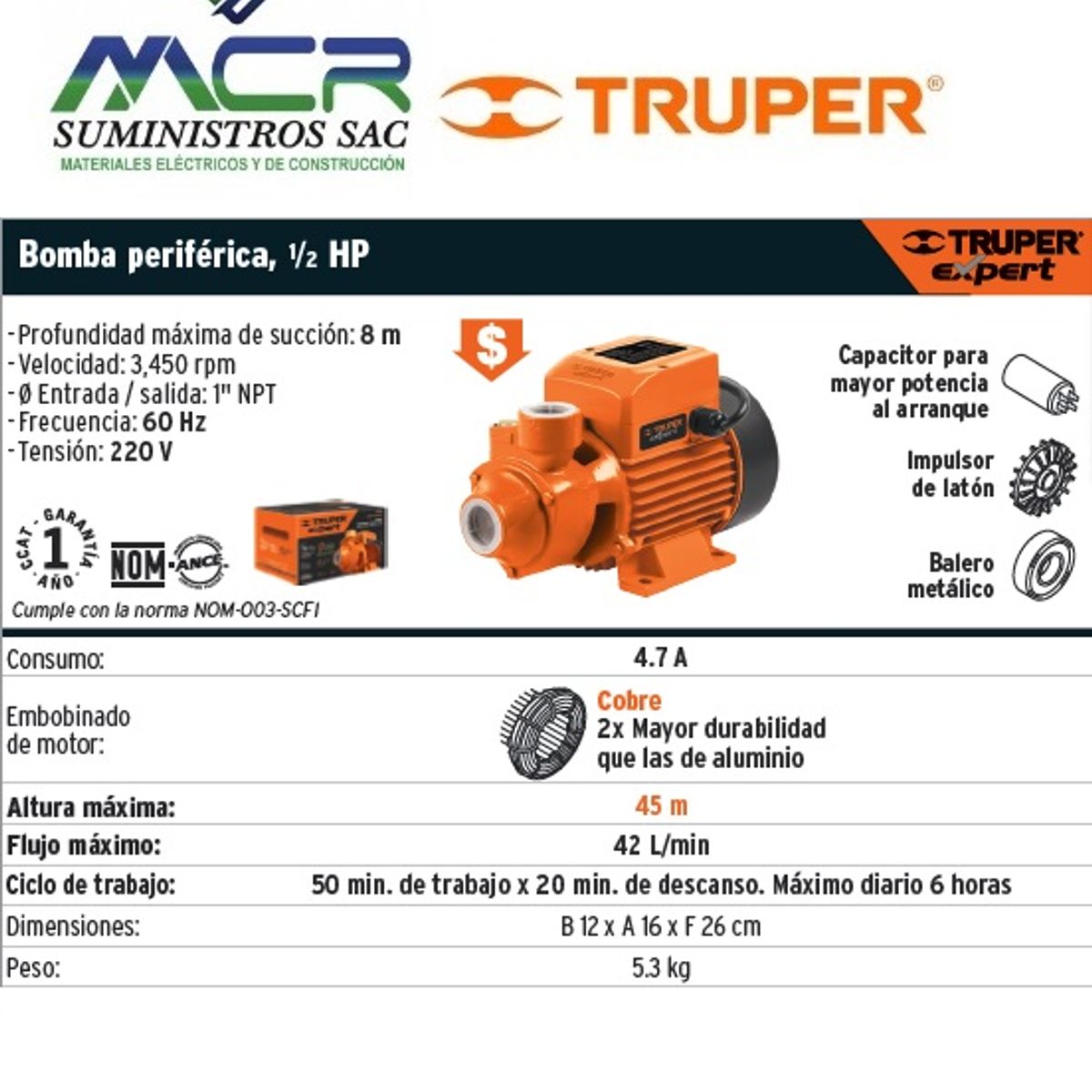 TRUPER - Bomba periférica 1 /2HP 220V60Hz uso agrícola EXPERT TRUPER