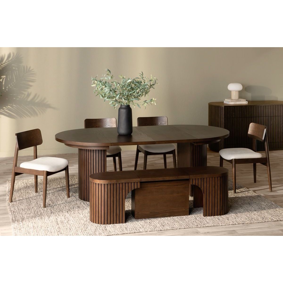 STIL NOVO - JUEGO DE COMEDOR 4 SILLAS + BANQUETA NAPOLEON NOGAL