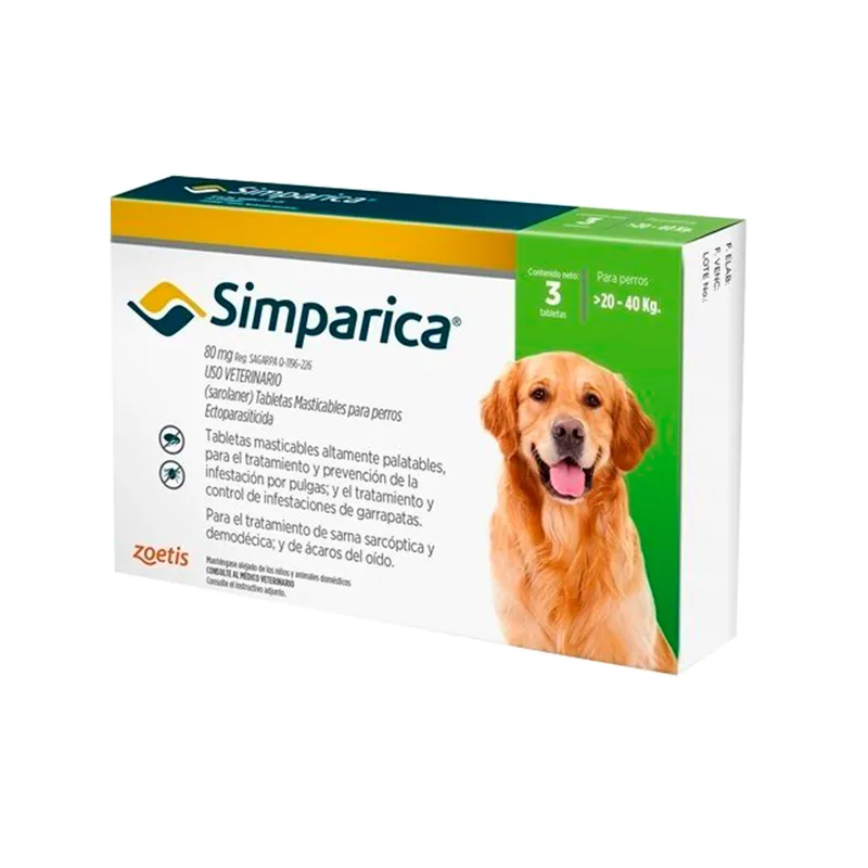 SIMPARICA - Antipulgas Perros 20 a 40 Kg 3 Tabletas Masticables
