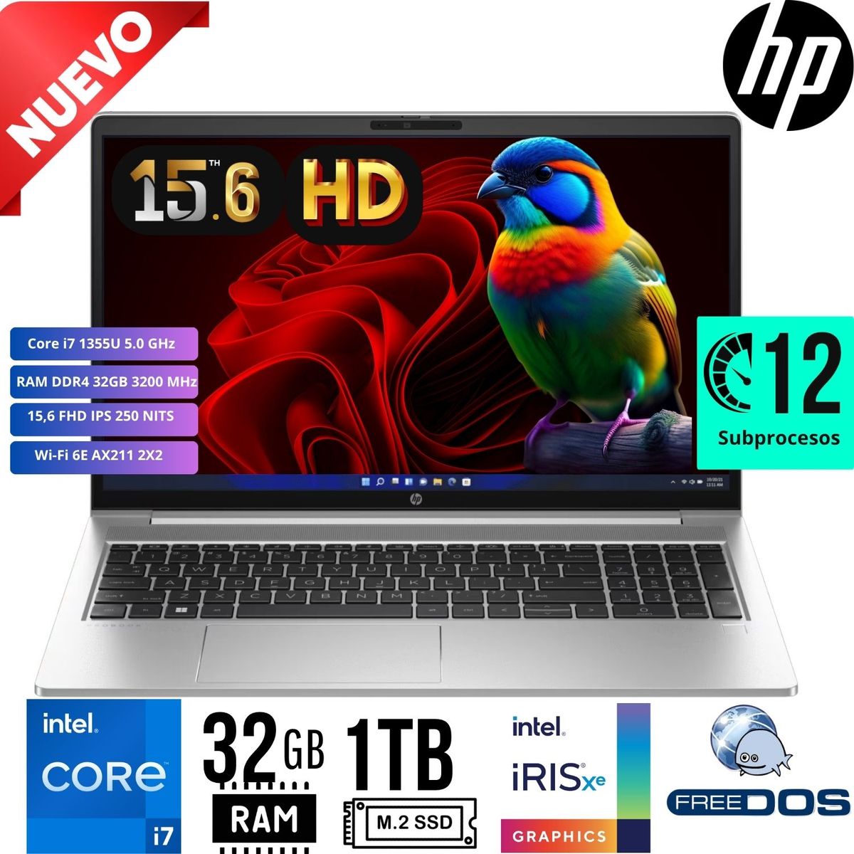 HP - Laptop HP 250 G10 Intel Core i7-1355U Ram 32GB SSD 1TB 15.6"HD Free Dos