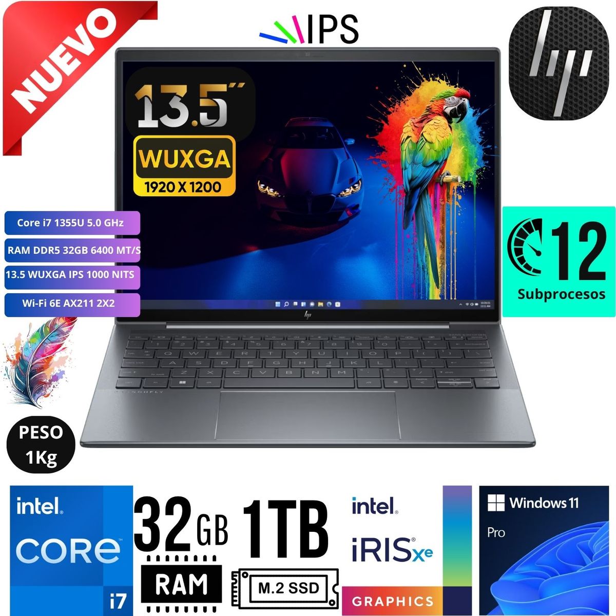 HP - Laptop HP DRAGONFLY G4, Intel core i7-13va Gen. Ram 32GB, SSD 1TB, 13.5" LED WUXGA, Win 11