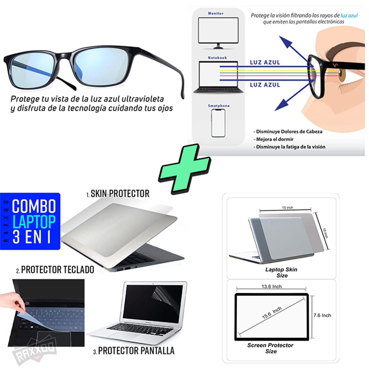 GENERICO - Lentes filtro azul + Protector Laptop 3 en 1 15.6