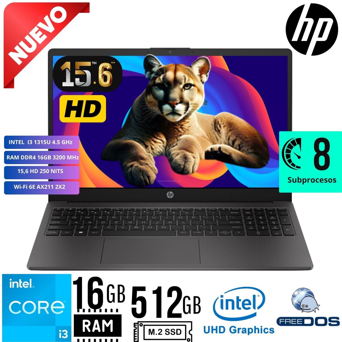 HP - Laptop HP 250 G10 Intel Core i3 1315U RAM 16GB SSD 512GB 15.6"HD Windows 11 PRO