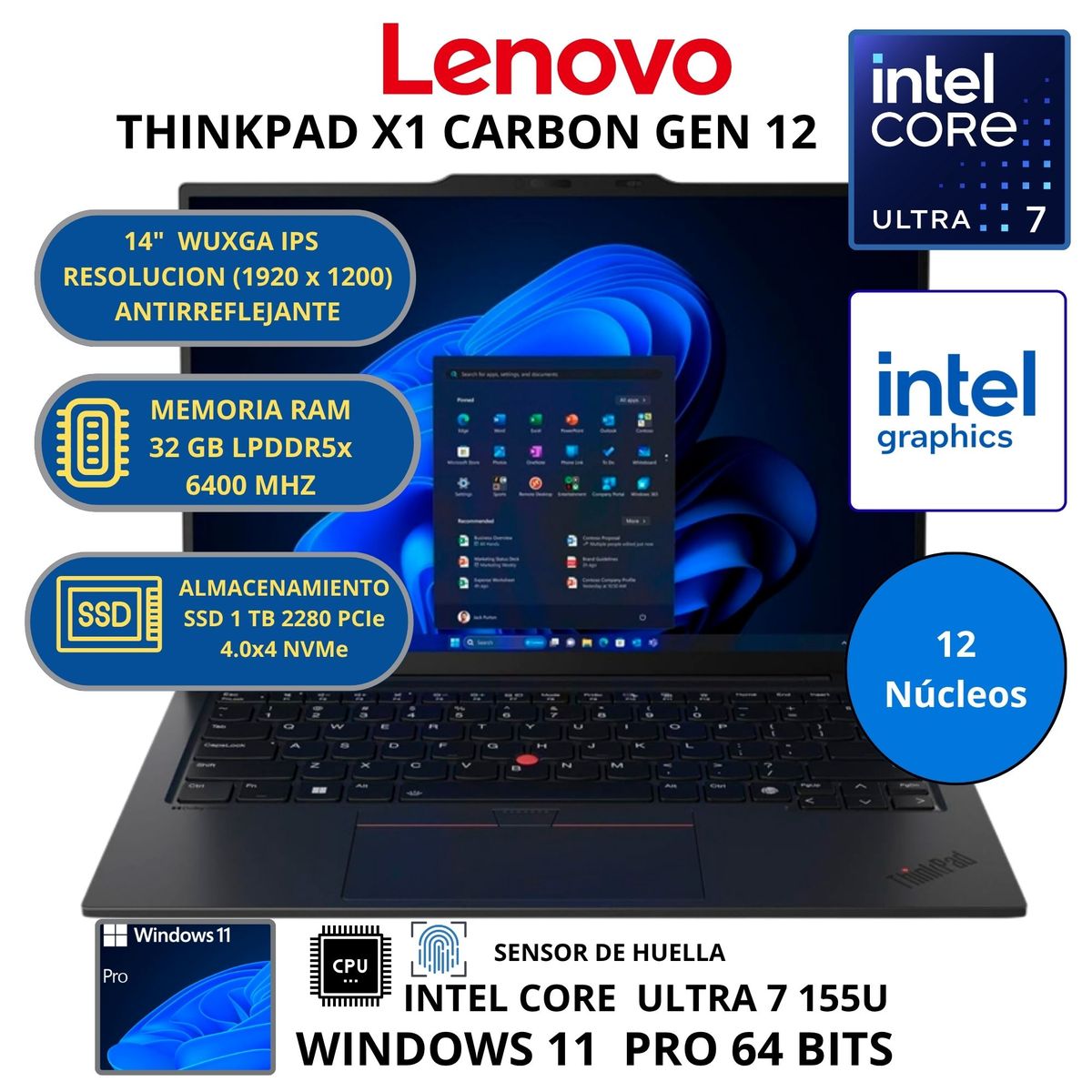 LENOVO - Laptop Lenovo THINKPAD X1 CARBON GEN 12 INTEL CORE ULTRA 7 -RAM 32GB SSD 1 TB 14" WUXGA WINDOWS 11