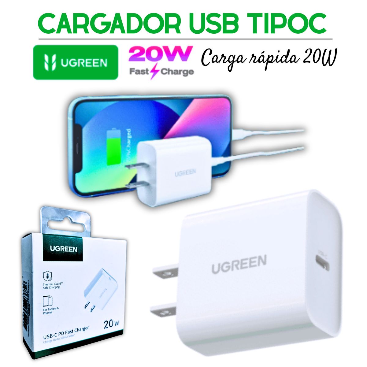UGREEN - Cargador USB Tipo C 20W Carga rápida PD - Compatible iPhone y Android