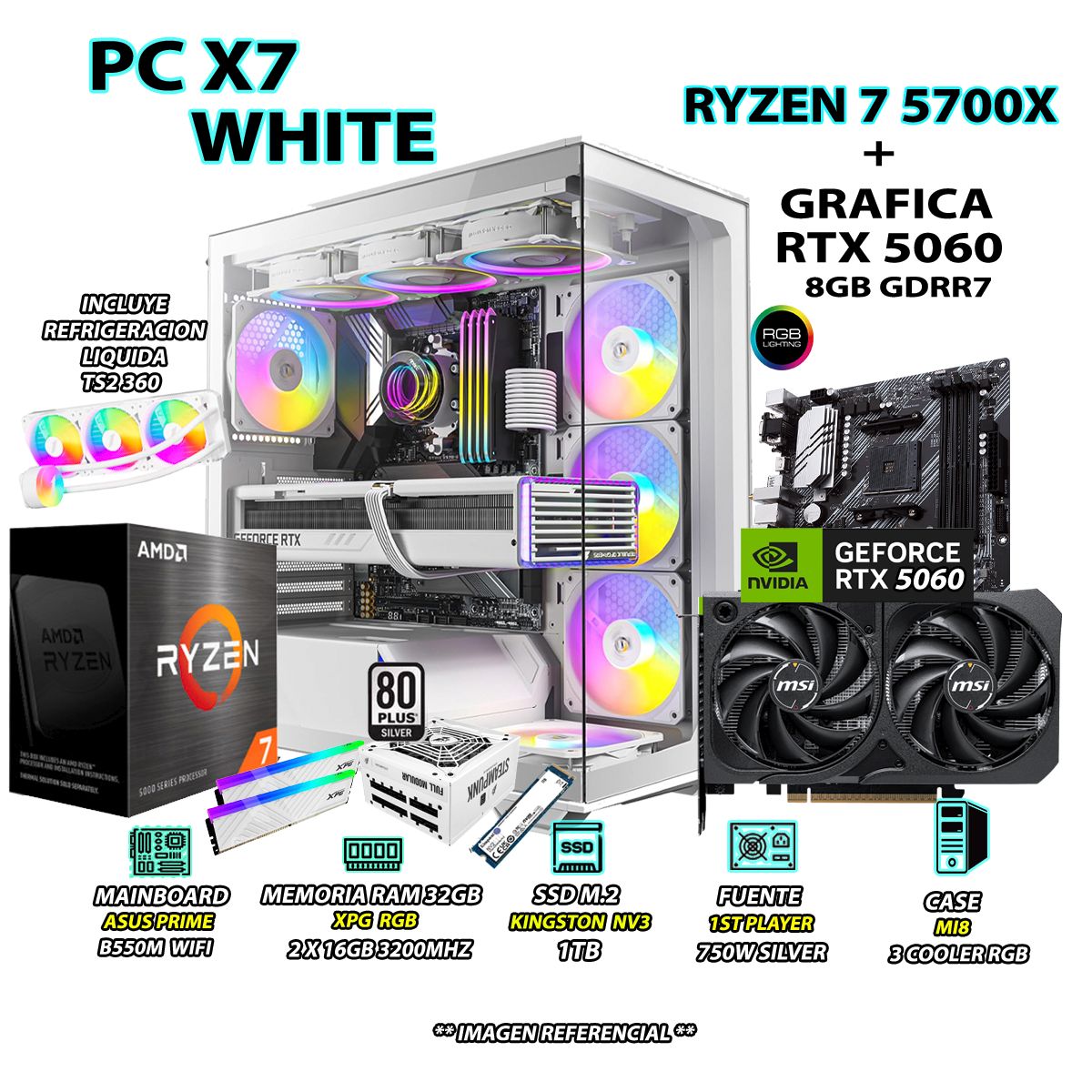 AMD - Computadora PC Gamer RYZEN 7 5700X RAM 32GB SSD 1TB GRAFICA RTX 5060 8GB