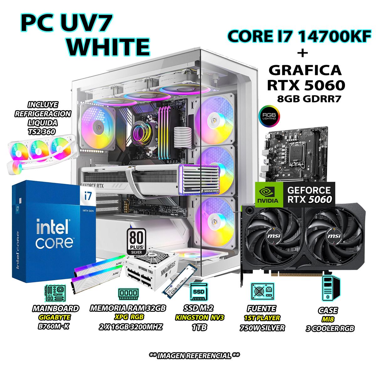 INTEL - Computadora PC Gamer Core i7 14700KF RAM 32GB SSD 1TB GRAFICA RTX 5060 8GB