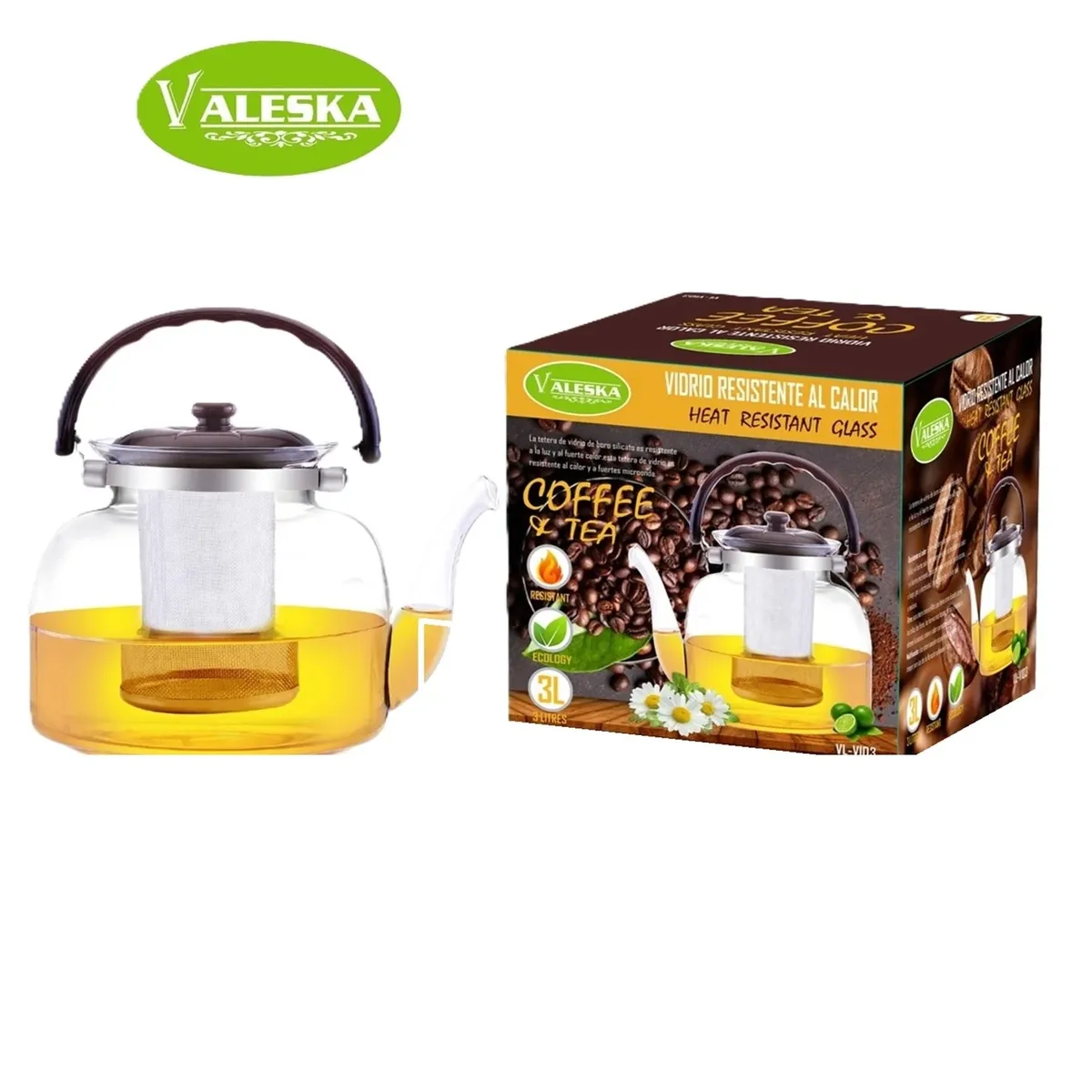 VALESKA - Tetera de Vidrio Pírex Original con Filtro 3 litros Valeska