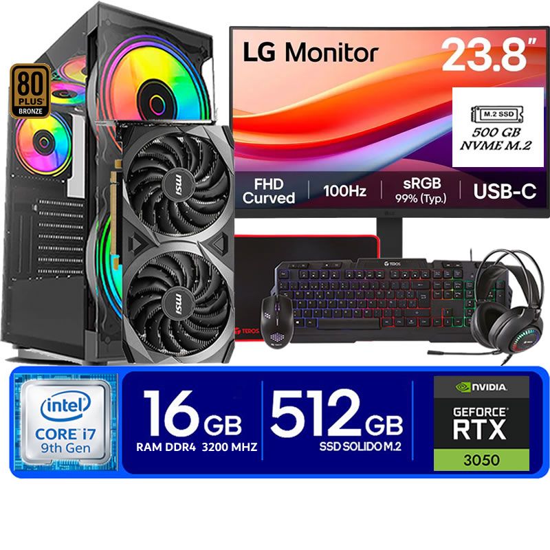 Computadora Pc Intel Core i7 9700  Monitor 24 fhd' RAM 16 GB SSD 500 Tvideo 06