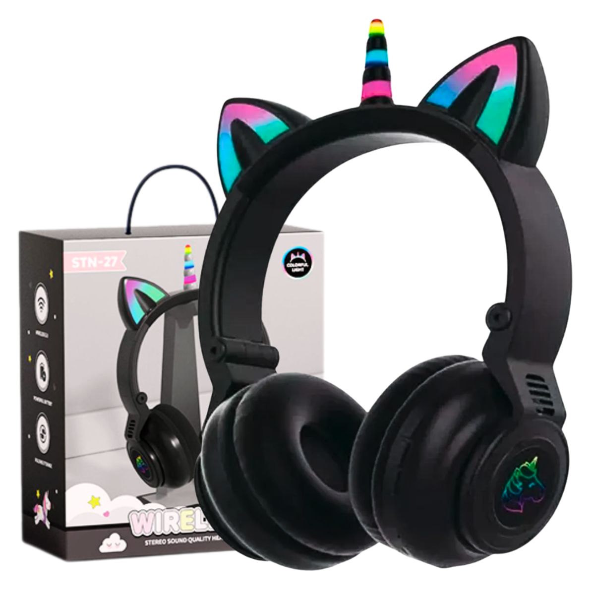 SEISA - Audífono Bluetooth Unicornio Vincha Inalámbrico Luz Led RGB Negro