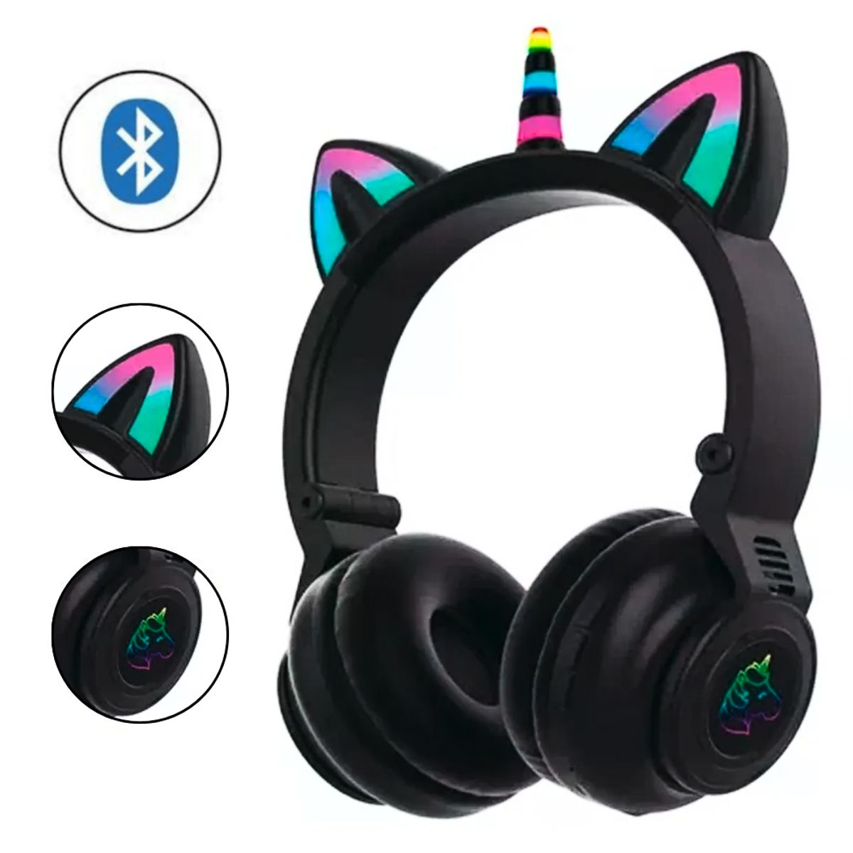 SEISA - Audífono Bluetooth Unicornio Vincha Inalámbrico Luz Led RGB Negro