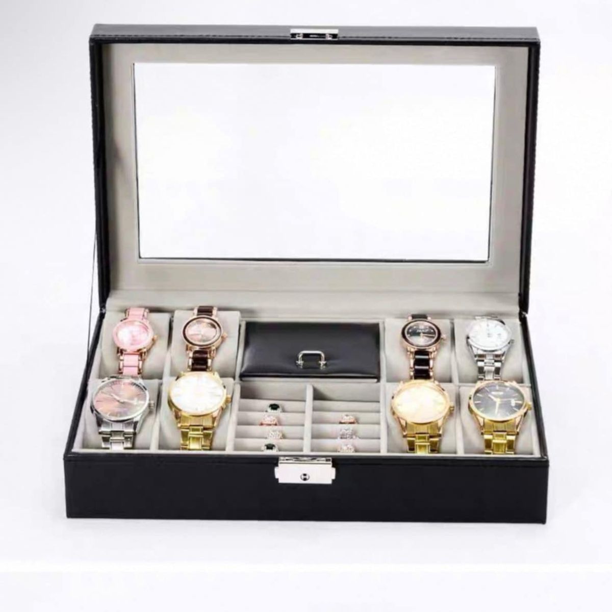 GENERICO - Caja Porta Reloj Organizador de Joyas Anillos Collares de Cuero PU