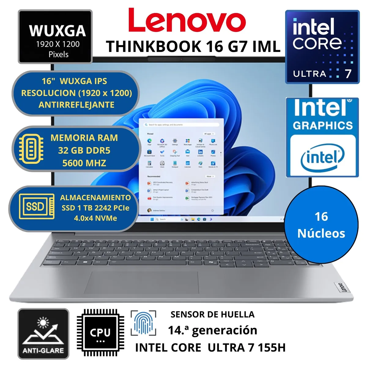 LENOVO - Laptop LENOVO THINKBOOK 16 G7 IML INTEL CORE ULTRA 7 -RAM 32GB SSD 1 TB 16" WUXGA WINDOWS 11