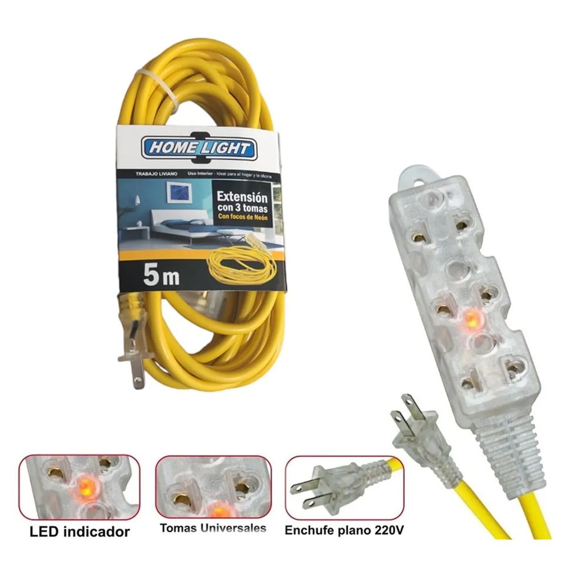 HOME LIGHT - EXTENSIÓN AMARILLA ELÉCTRICA 5MT CABLE VULCANIZADO 3 TOMAS HOME LIGHT