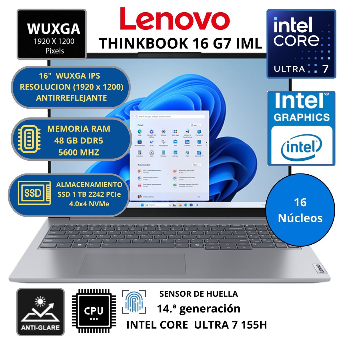 LENOVO - Laptop LENOVO THINKBOOK 16 G7 IML INTEL CORE ULTRA 7 -RAM 48GB SSD 1 TB 16" WUXGA WINDOWS 11