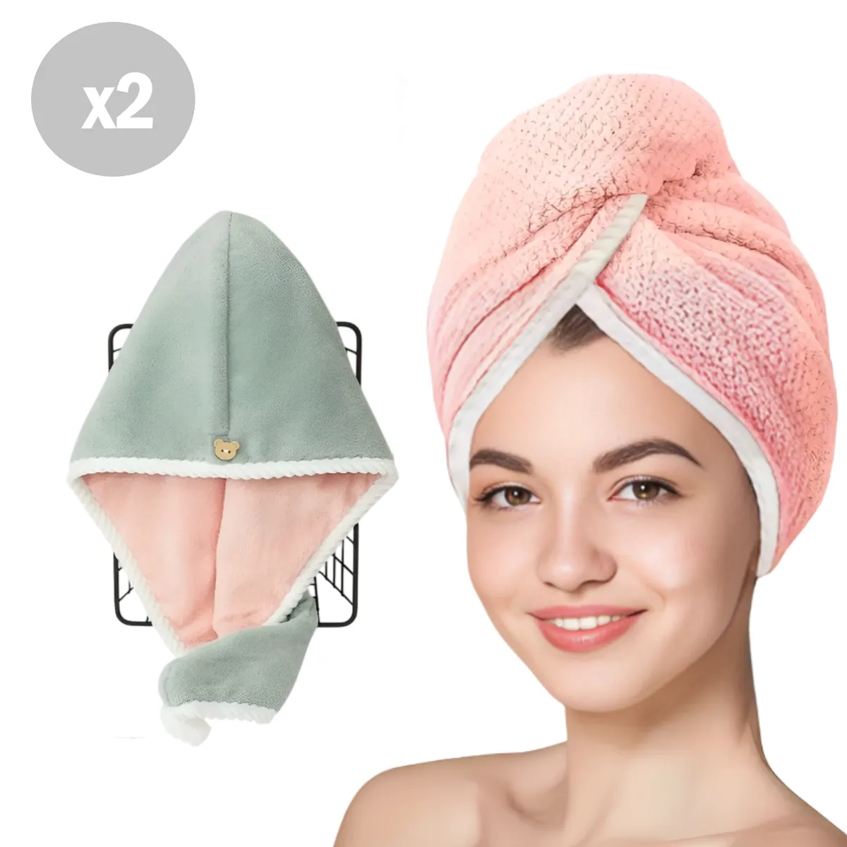 GENERICO - Pack x2 Toallas rosadas microfibra para cabello - Verde