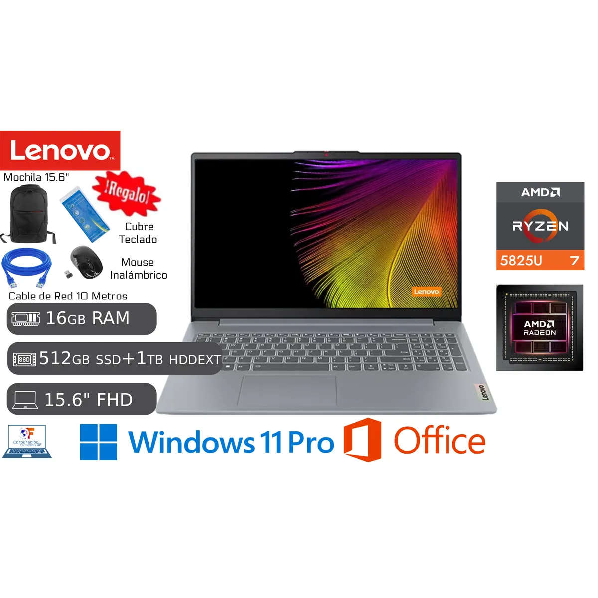 LENOVO - Lenovo Amd Ryzen 7 16GB RAM 512GB SSD + 1TB HDD EXTERNO + MOCHILA + CABLE+ MOUSE