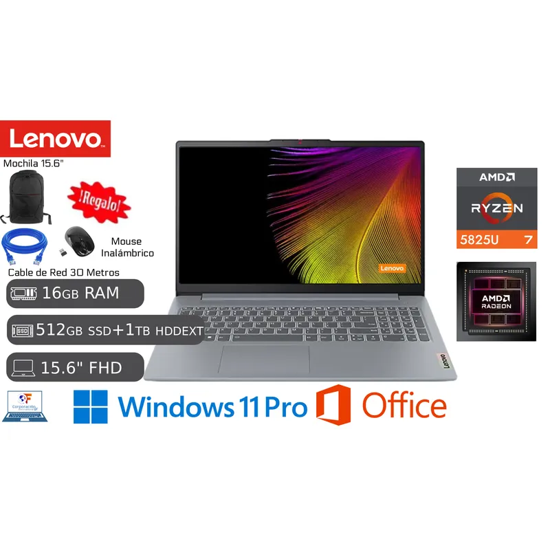 LENOVO - Lenovo Amd Ryzen 7 16GB RAM 512GB SSD + 1TB HDD EXTERNO + MOCHILA + CABLE+ MOUSE
