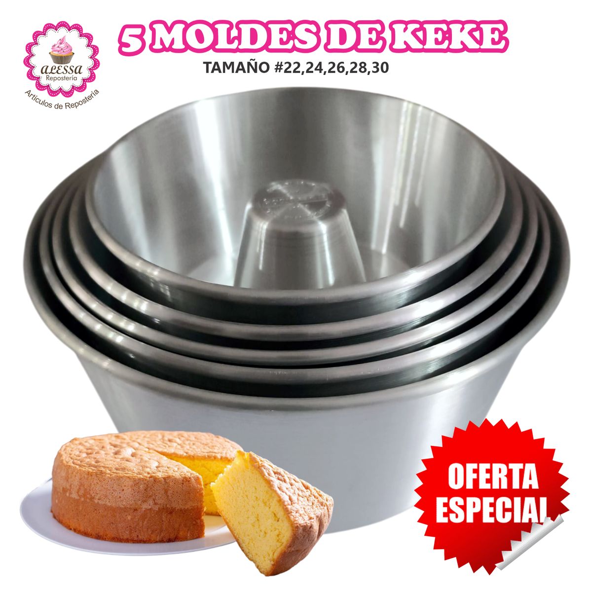 GENERICO - Set de 5 Moldes de Keke con Tubo del 22 al 30 para Repostería