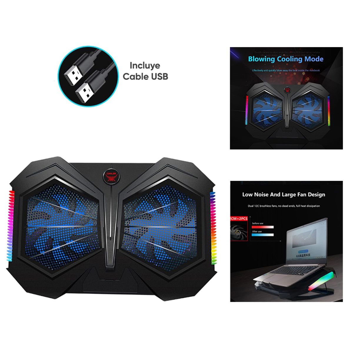 SEISA - Cooler Laptop Gamer Doble Ventilador Soporte Notebook Gamer RGB