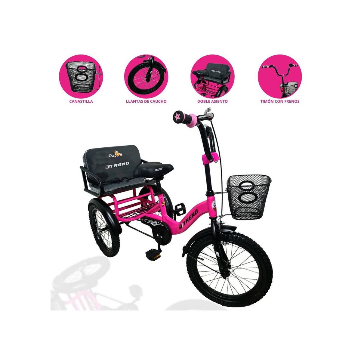 POWER KIDS - Triciclo Doble Asiento POWER KIDS «TRENO» Pink
