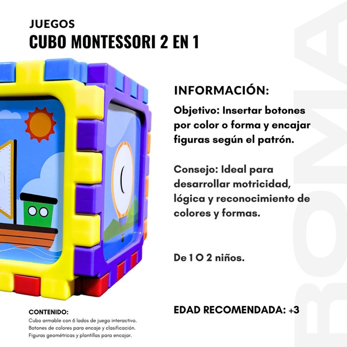 GENERICO - PACK 3 CUBO DIDÁCTICO MONTESSORI 2 EN 1 PARA NIÑOS