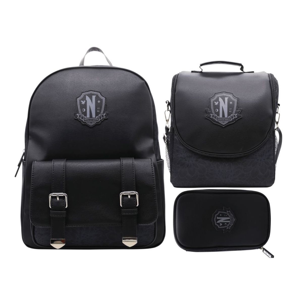 CHILDRENS CLUB - Mochila Oficio +Lonchera + Cartuchera Merlina Addams Negra