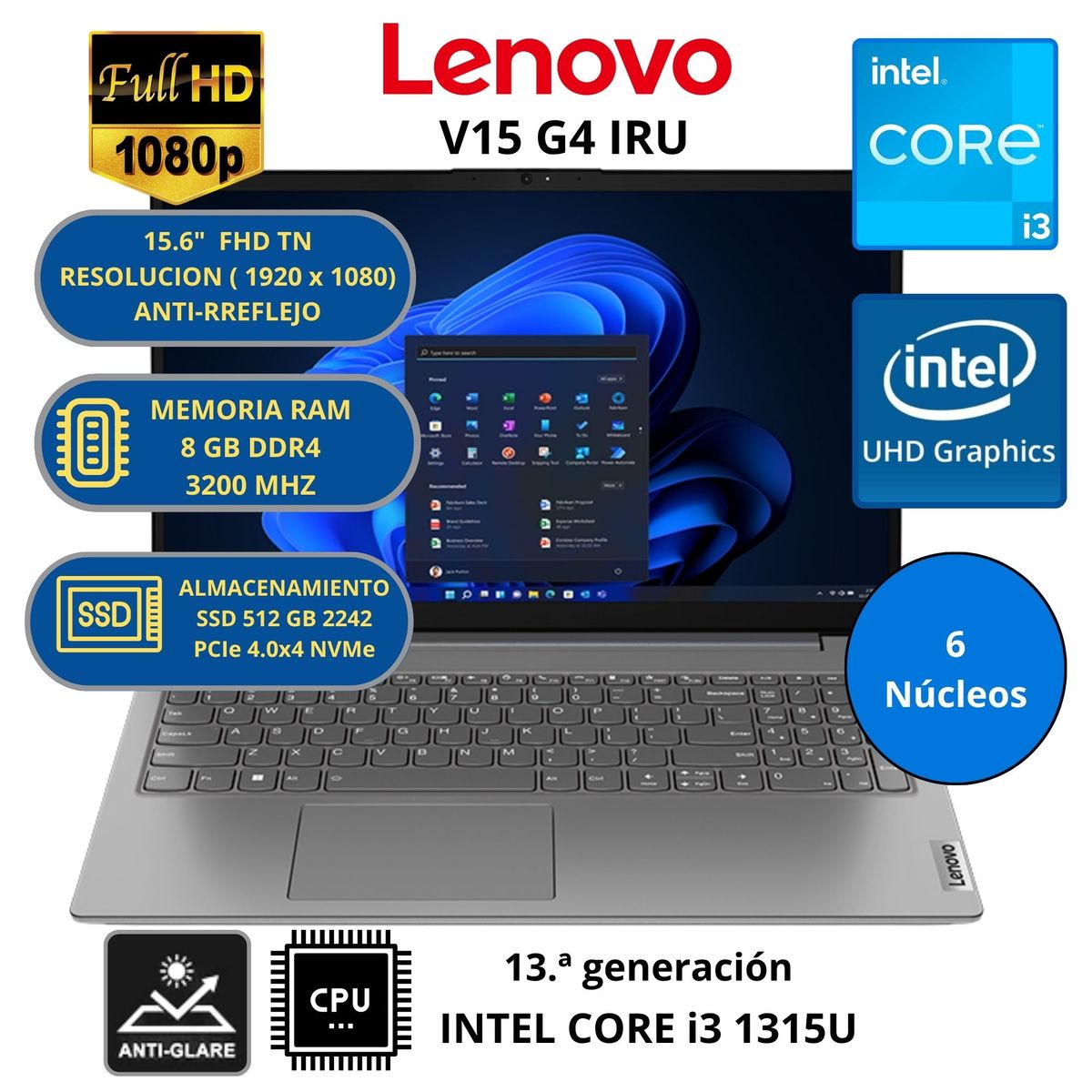 LENOVO - Laptop Lenovo V15 G4 IRU INTEL CORE i3 -RAM 8GB SSD 512 GB 15.6" FHD WINDOWS 11