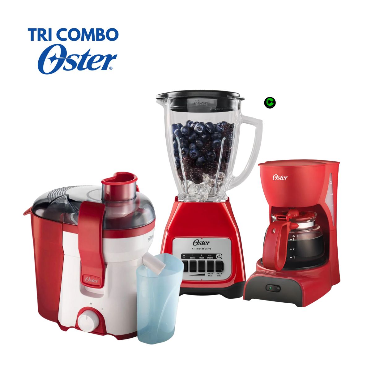 OSTER - Tri Combo Extractor FPSTJE316R + Cafetera y Licuadora BLSTKAGRPB