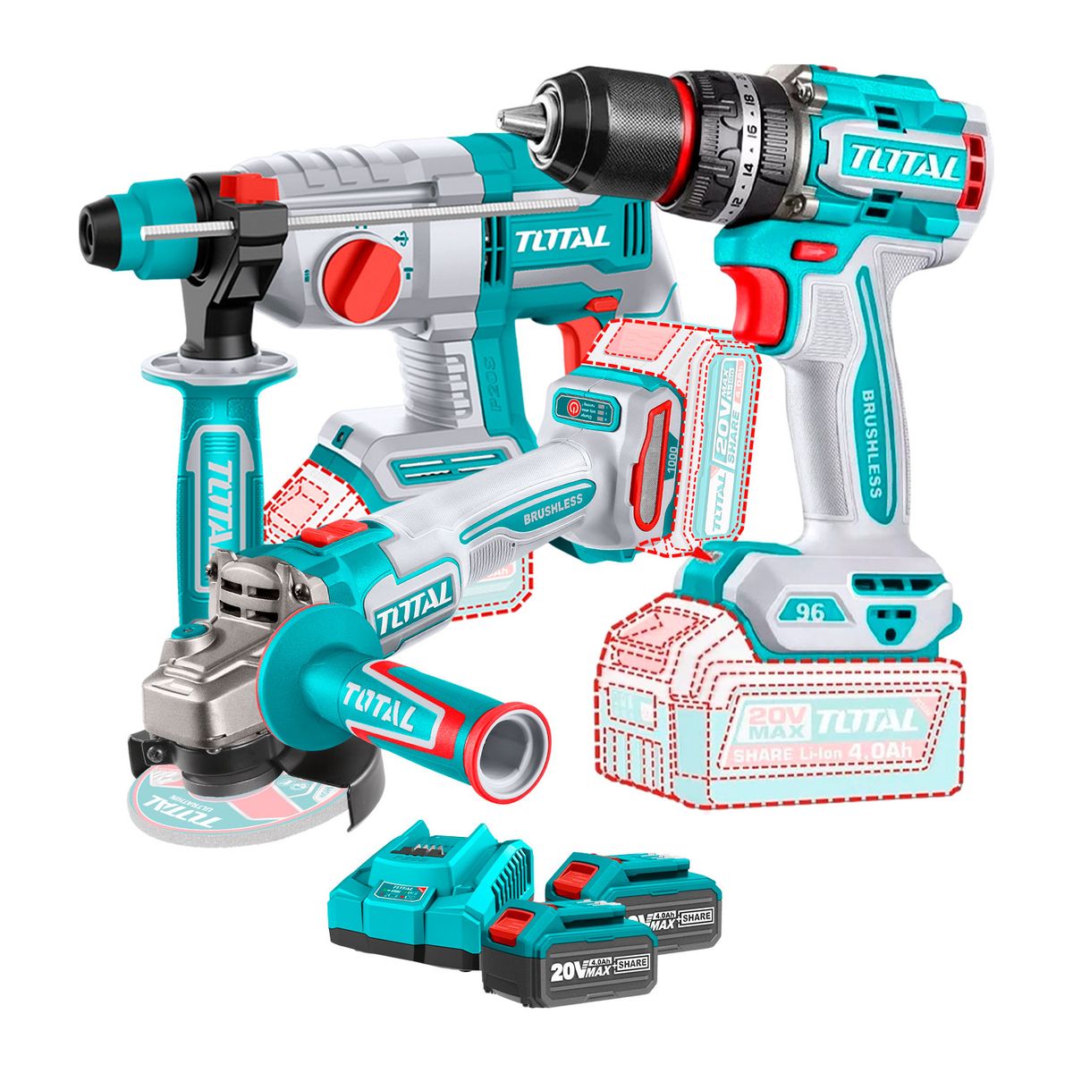 TOTAL TOOLS - Taladro Percutor 96nm + Rotomartillo + Amoladora Total