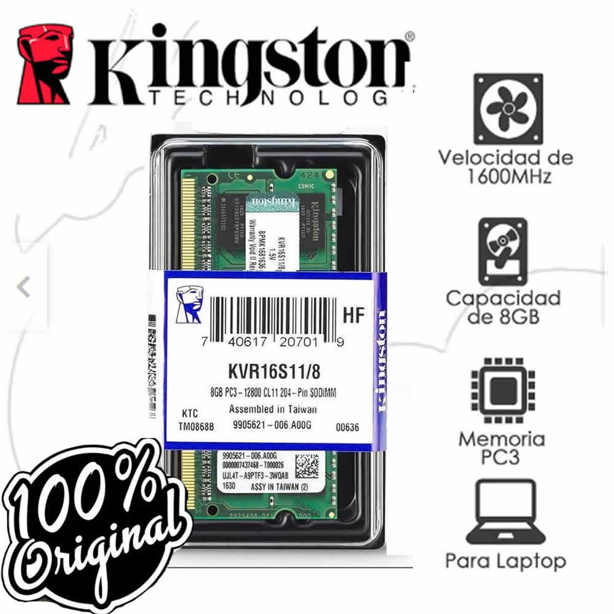 KINGSTON - Memoria Ram Ddr3 PC3 8gb Laptop 1600mhz Kingston